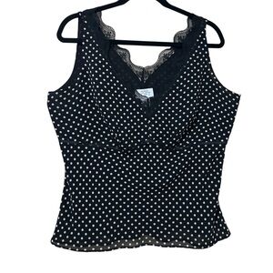 Ann Taylor Loft Black Polka Dot Sleeveless Top Lace Trimmed Vintage Size 14 Silk